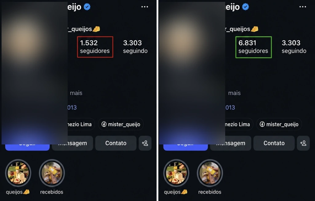Comparativo de seguidores antes e depois, resultado 9