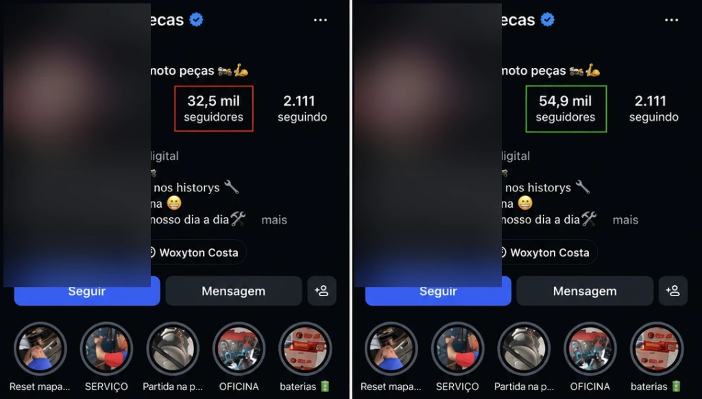 Comparativo de seguidores antes e depois, resultado 15